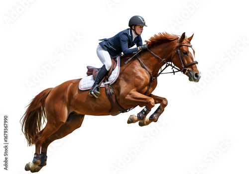 Professional show jumping rider on a bay horse in mid-air over a jump, isolated on white or transparent background. PNG