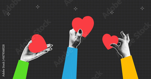 People give hearts in halftone palm hand. Charity and donation concept in collage style with halftone elements. Vector.