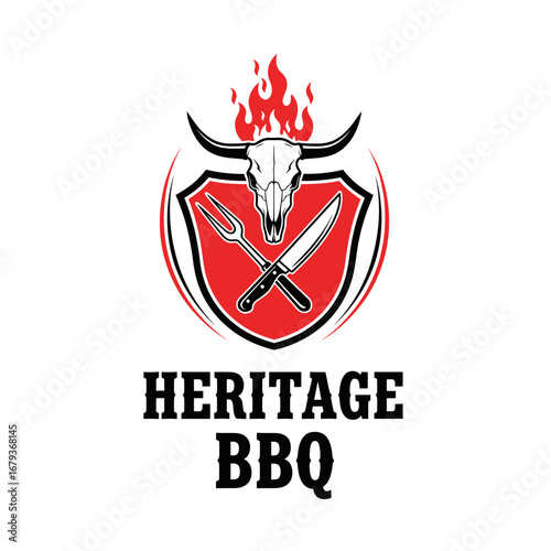 heritage bbq meat food grilled hot, logo design illustration