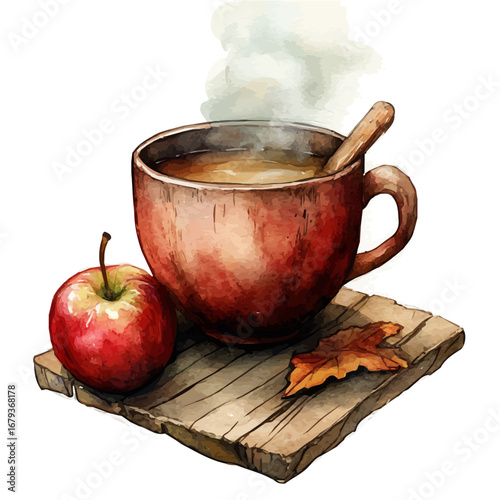 Apple Cider Mug Steam, watercolor vector, isolated on a white background.