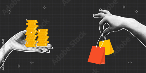 Shopping collage banner. Online shopping concept with two halftone hands with shopping bag and coins. Collage design of sale, commerce or e-commerce with halftone elements. Vector.