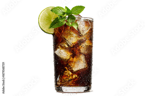 Refreshing Cuba Libre cocktail with lime and mint.