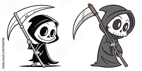 Charming cartoon grim reapers with scythes adorable gothic characters for spooky fun and creative projects