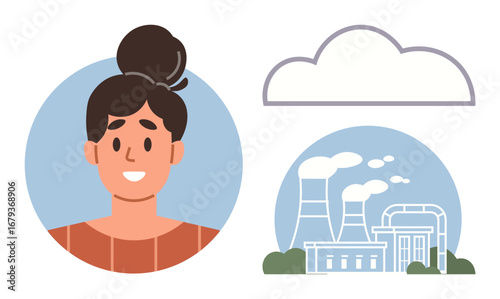 Woman with bun next to factory emitting smoke and cloud outline, linking human activity to environmental impact. Ideal for environment, pollution, industry, sustainability, awareness, ecology, flat
