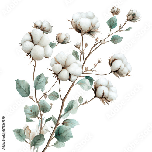 Watercolor Cotton Plant Branches with Leaves and Buds botanical floral isolated on a transparent background