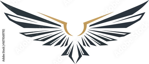 Stylized wings design with black and gold accents on a white background