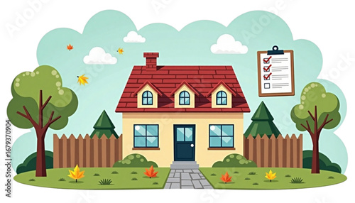 Charming house with checklist in a cozy garden surrounded by autumn leaves and trees
