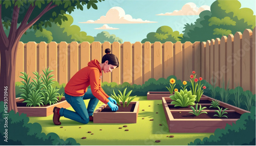 Woman tending to vegetable garden beds while kneeling in a sunny backyard