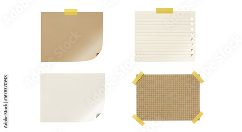 Wallpaper Mural Collection of four blank paper notes, each attached with yellow tape, on a white background, perfect for notes or messages Torontodigital.ca