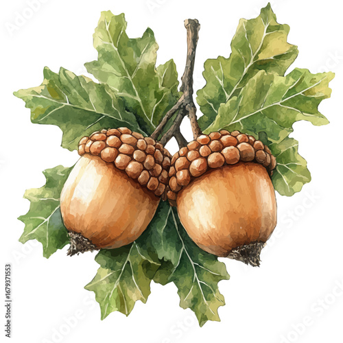 Acorn And Leaf Cluster, watercolor vector, isolated on a white background.