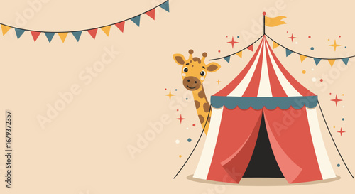 Circus tent with a giraffe peeking out for children's party decorations and promotional materials