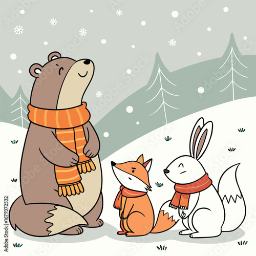 Charming collection of adorable baby animals bundled up in warm cozy scarves surrounded by delicate snowflakes perfect for festive winter and holiday designs