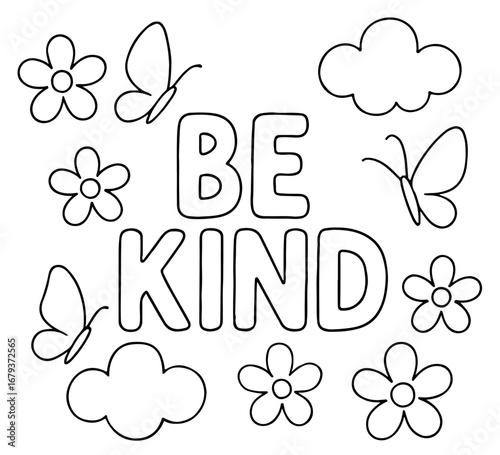 Minimalist outline coloring sheet with “Be Kind” affirmation, flowers, butterflies, and clouds