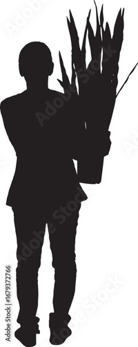 vector,silhouette of back view of a standing woman holding a plant