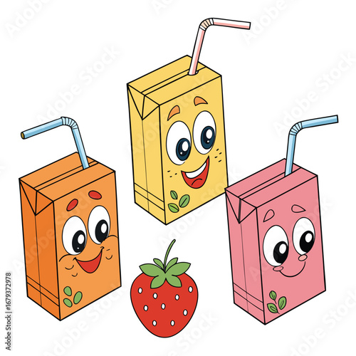 Charming mini juice boxes adorned with playful faces and vibrant fruit themes perfect for a fun and refreshing design