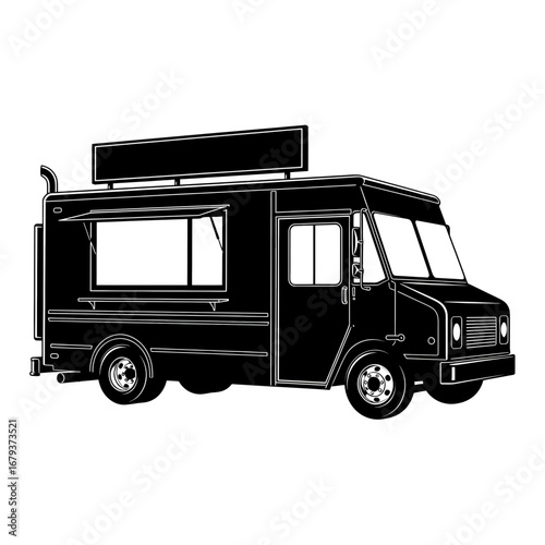 Black food truck silhouette isolated on white background