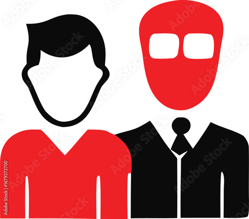 Two individuals depicted side-by-side in a simple graphic style one with a red shirt and the other in a red welding mask and suit representing teamwork or collaboration