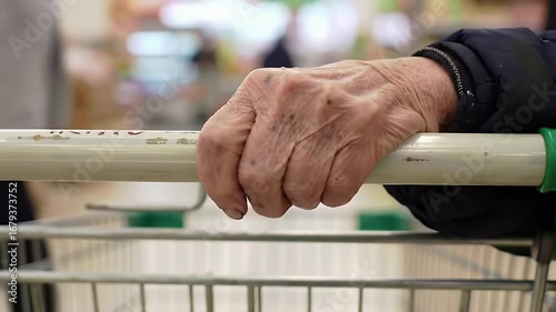 Elderly Woman's Wrinkled Hand Gripping a Shopping Cart Handle in a Supermarket with Blurry Background Under Bright