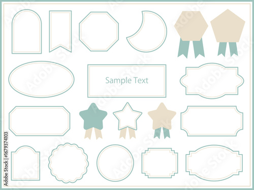ナチュラルなスモーキーグリーンとベージュの可愛いイラストフレーム素材セット