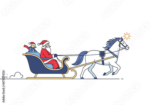 Santa claus and a child riding in a sleigh pulled by a horse with a star on its head during christmas