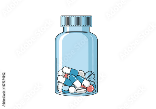 Collection of assorted pharmaceutical capsules and pills inside a clear plastic medicine bottle