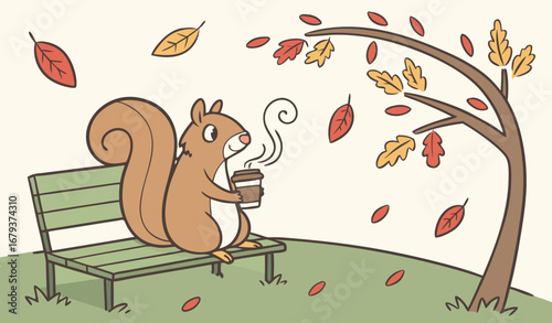 A squirrel holding a tiny coffee cup while sitting on a park bench, autumn leaves falling, cinematic depth of field, high-resolution, humorous wildlife photography style."
