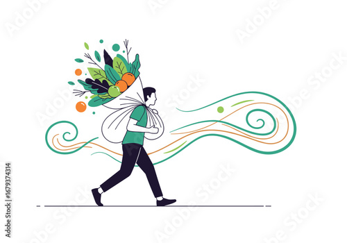 Person carrying a large bundle of fresh produce and flowers with gusts of wind