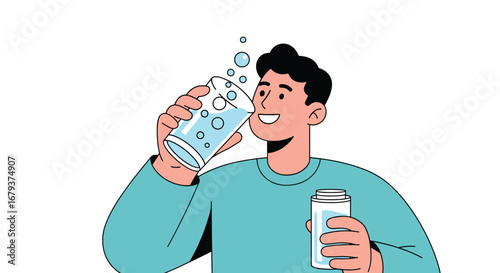 A man drinking a glass of sparkling water with bubbles and holding a can of soda