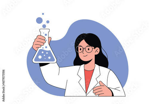 Scientist conducting chemical experiment in laboratory holding flask with bubbles rising upwards