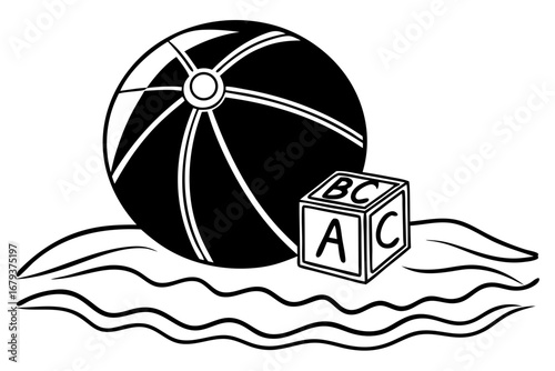 Black and White Illustration of Beach Ball and ABC Block Resting on Water, Representing Childhood Fun and Learning
