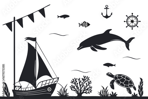 Monochrome silhouette collection of nautical elements with a sailboat, dolphin, and sea turtle. Marine life and travel vector cutout design set