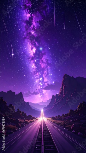 A vibrant, purple night sky above a long highway stretching into the distance, dotted with twinkling stars and a radiant milky way, creating a sense of wonder and endless possibilities.