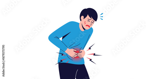 Man clutching stomach experiencing severe abdominal pain and discomfort