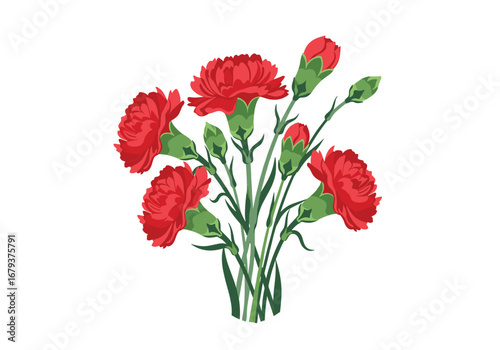 A beautiful bunch of vibrant red carnation flowers with green stems and buds