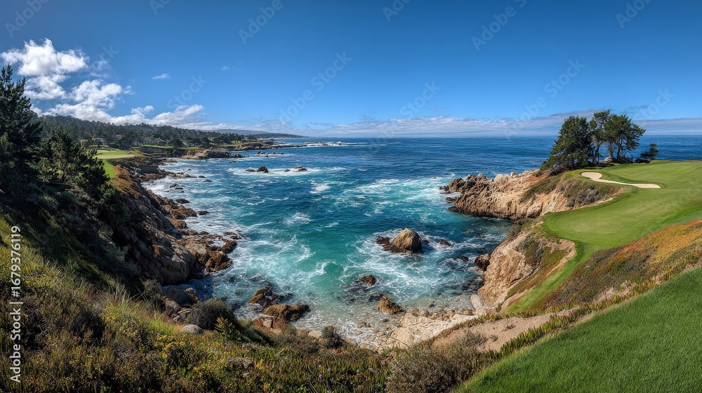 Fototapeta premium A sunny day on a coastal golf course with lush green grass, a playing hole in the foreground, and ocean waves crashing against rugged rocks in the background.
