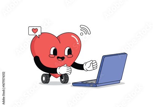 Retro heart character working on a laptop with wi-fi signal connected online
