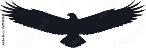 Silhouette of eagle flying above a geometric structure on a white background