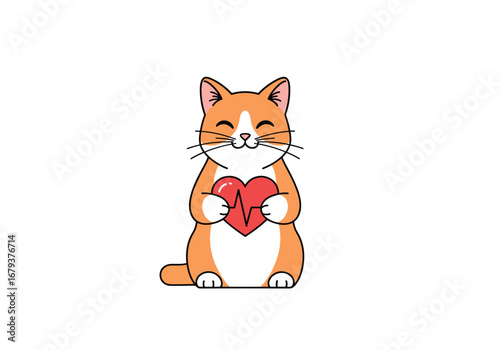 Adorable orange tabby cat holding a red heart with a healthy heartbeat graphic