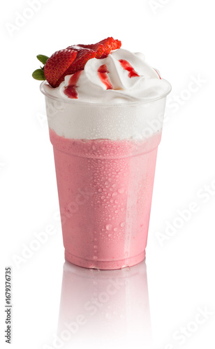 Strawberry smoothie with cream and strawberry pieces as decoration on a white background cut out