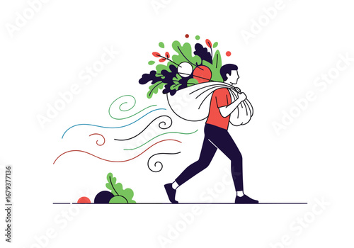 Man carrying large bag of fresh produce with wind blurring around him