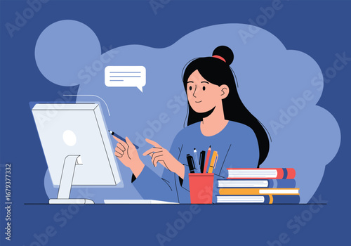 Young woman focused on her computer screen during an online study session at home