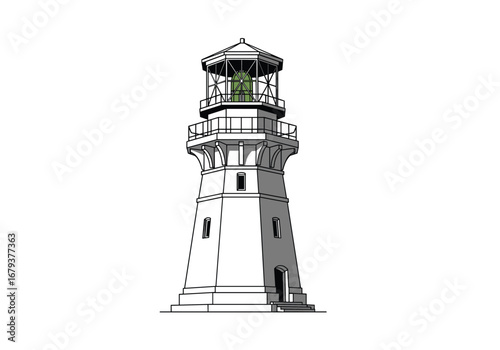 A tall white lighthouse stands against the sky guiding ships at sea