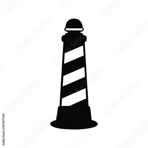 Striking lighthouse silhouette with bold black and white stripes against white background, bollard silhouette vector illustration
