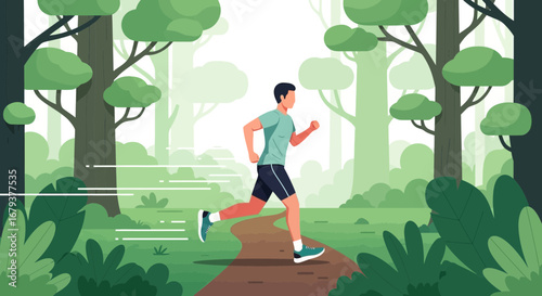 Vigorous Runner Enjoying The Forest Trail, Embracing The Joy of Outdoors Exercise