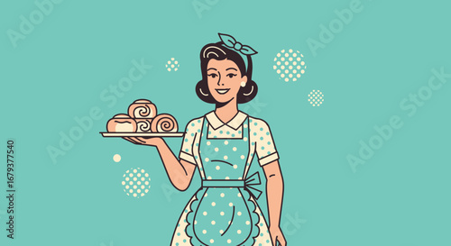 Vintage Woman Holding Pastries on Tray in Pastel Colors with Dot Backround