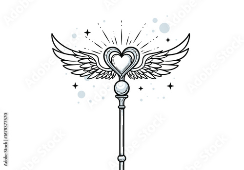 Enchanting winged heart scepter with sparkling magical aura and cosmic dust elements