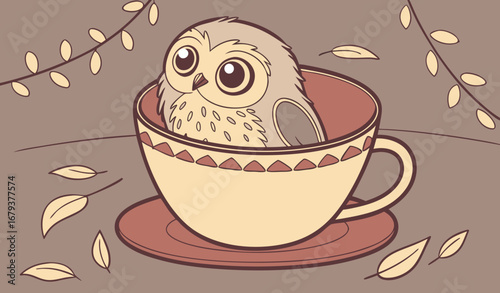 A baby owl with big sparkling eyes sitting inside a teacup, surrounded by fairy lights, cinematic depth of field, warm tones, ultra-realistic cute wildlife illustration."