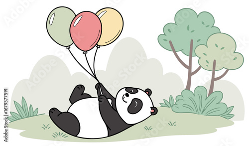 A baby panda lying on its back with a bunch of colorful balloons tied to its paw, floating slightly above the ground, soft pastel tones, ultra-realistic, cute and playful stock photo style."