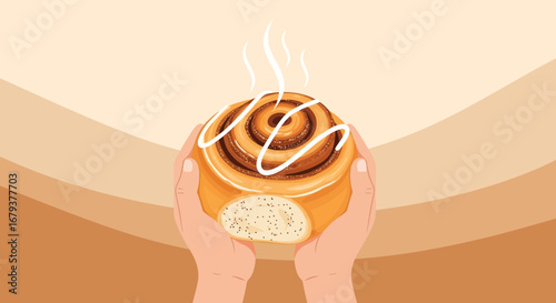 Warm Cinnamon Roll in Hands: A Delicious Baked Treat Freshly Made and Ready to Eat