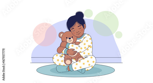 Warm Hug: Young Child's Loving Embrace of a Teddy Bear in Colorful, Calming Scene